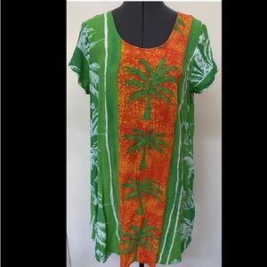 VINTAGE 1980s JAMS WORLD LIGHTWEIGHT RAYON SUN DRESS GREEN ORANGE PALM POCKETS L
